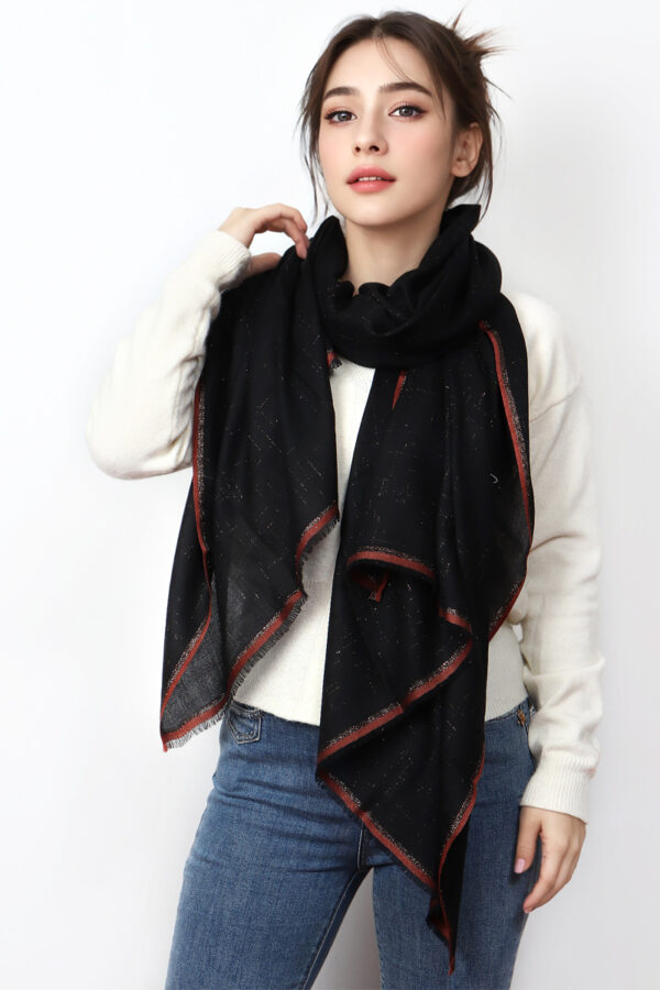 Elegant Feather Black Sequin Lambswool Shawl Scarf