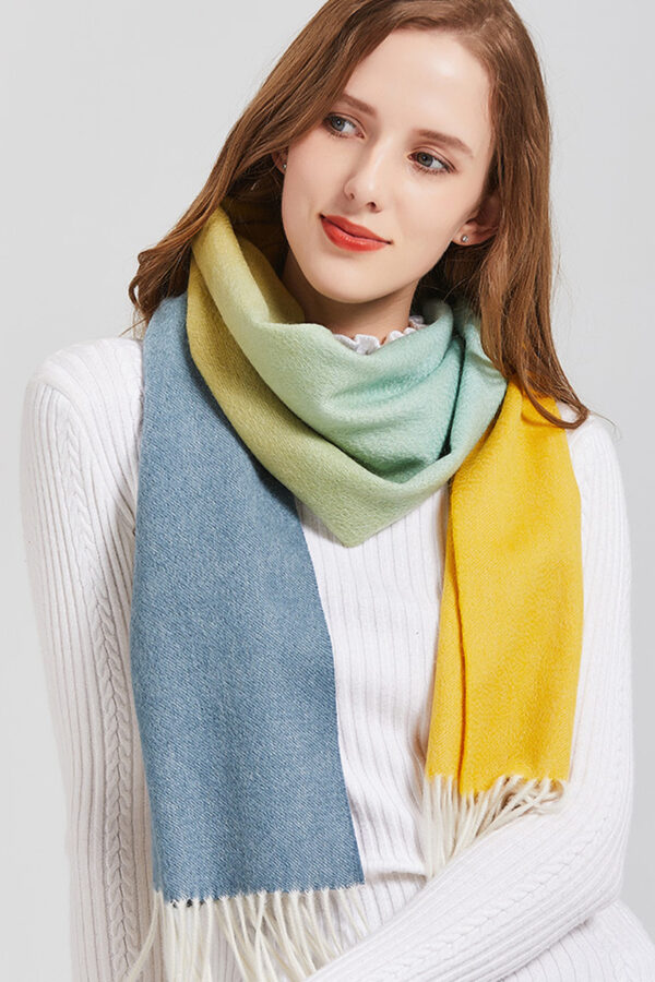 Elegant Multicolor Gradient Scarf – Soft Yellow to Blue Ombre Cashmere Shawl 1