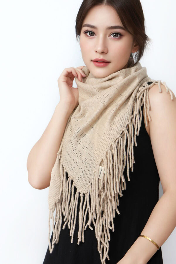 Luxury Khaki Triangle Cashmere Knit Shawl with Fringe 2