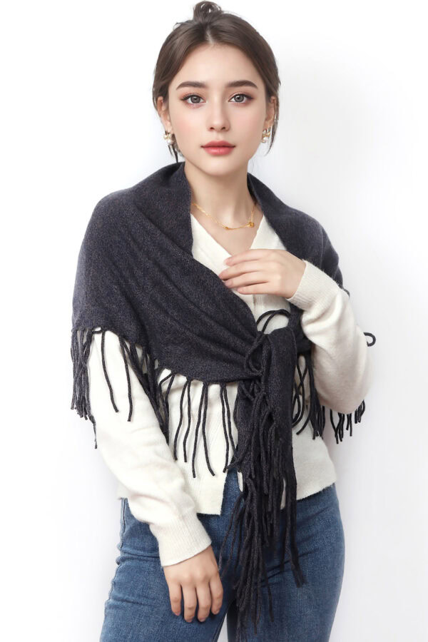 Luxury Misty Blue Grey Triangle Cashmere Knit Shawl with Fringe 1