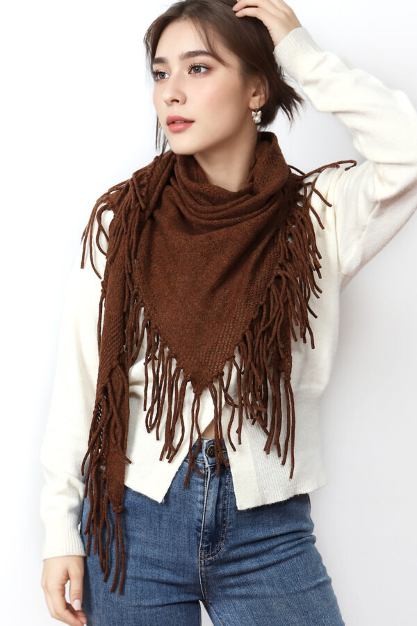 Luxury Mocha Brown Triangle Cashmere Knit Shawl with Fringe 1 2