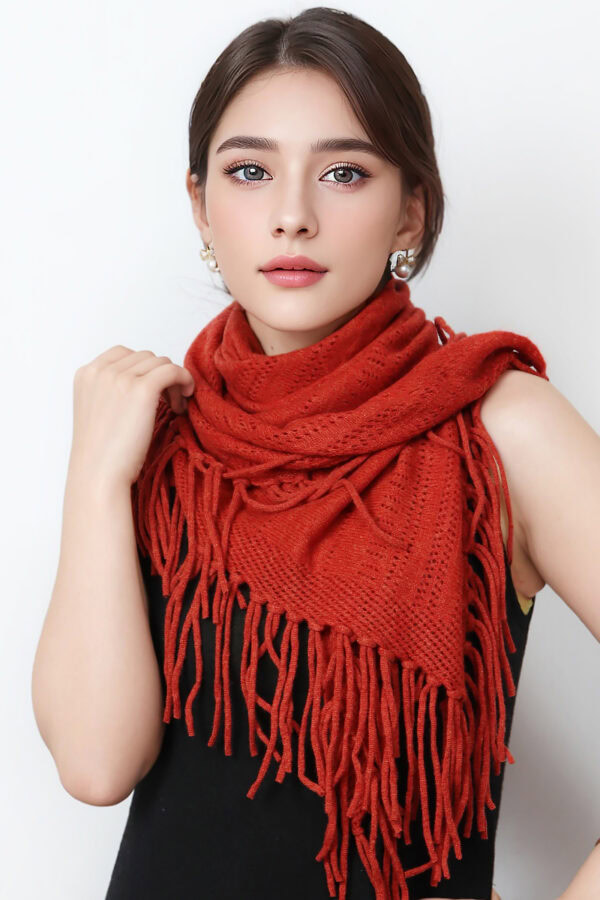 Luxury Pumpkin Orange Triangle Cashmere Knit Shawl with Fringe 1 1