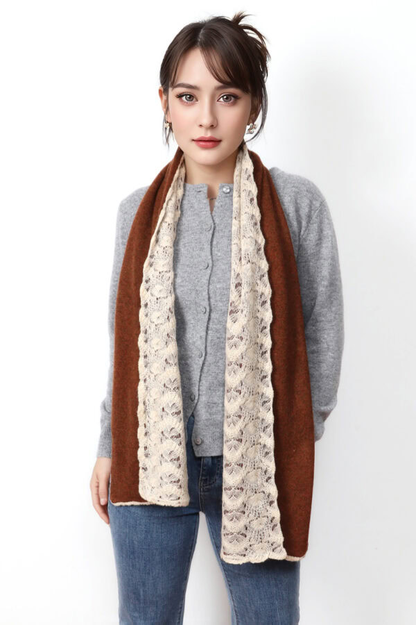 Reversible Cashmere Knitted Scarf Brown Lace Flower White Design 1 1