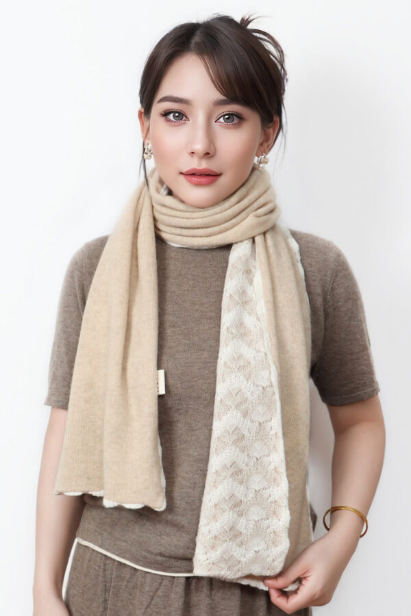 Reversible Cashmere Knitted Scarf Light Teal Lace Flower White Design 1 1