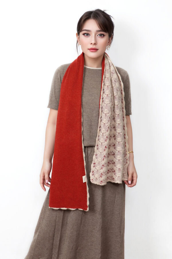 Reversible Cashmere Knitted Scarf Rust Red Lace Flower White Design 1 1