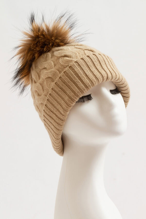 Beige Cable Knit Cashmere Hat with Pom Pom Elegant Winter Warmth 4
