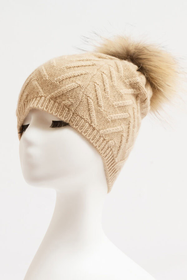 Beige Cashmere Pom Pom Hat with Textured Knitted Design Cozy Winter Accessory 4