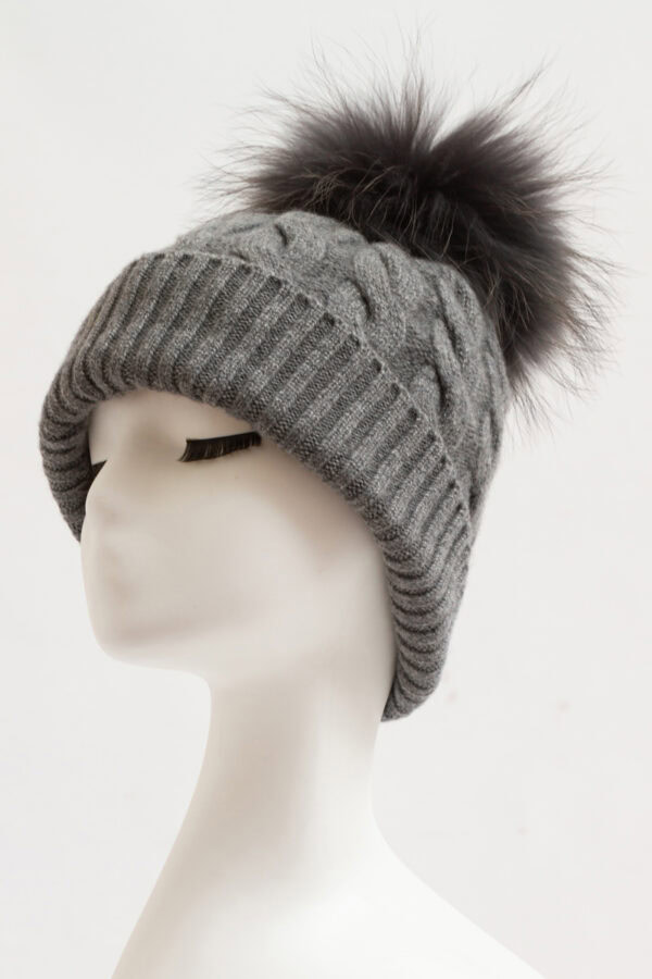 Dark Gray Cable Knit Cashmere Hat with Pom Pom Elegant Winter Warmth 5