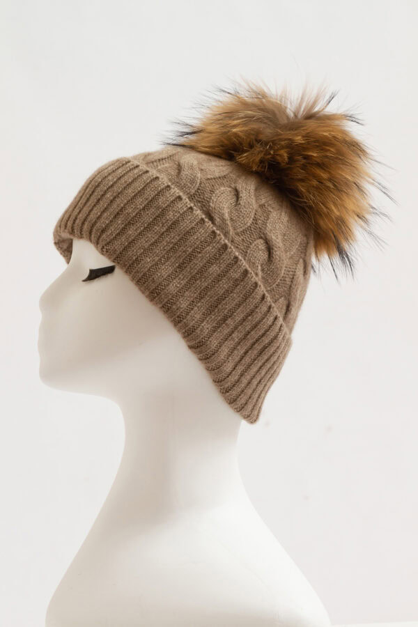 Dark Khaki Cable Knit Cashmere Hat with Pom Pom Elegant Winter Warmth 5