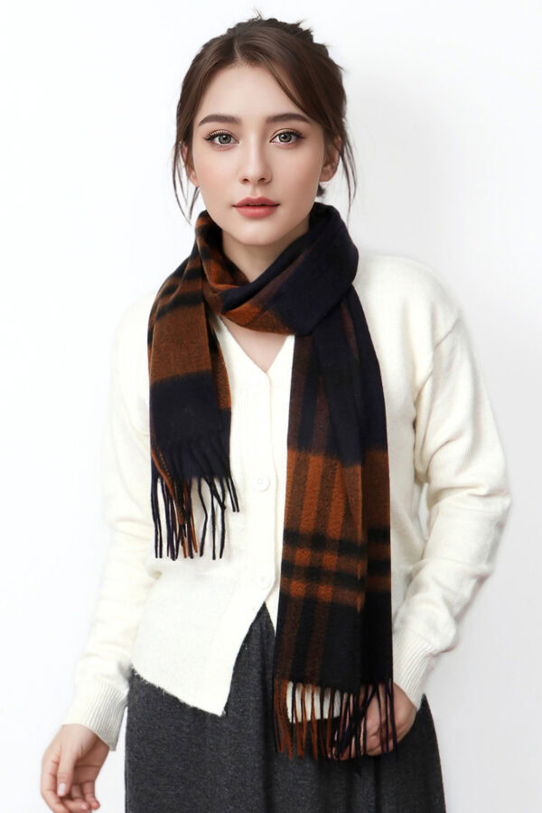 Navy Blue and Orange Plaid Cashmere Scarf Warm Versatile Winter Accessory 6