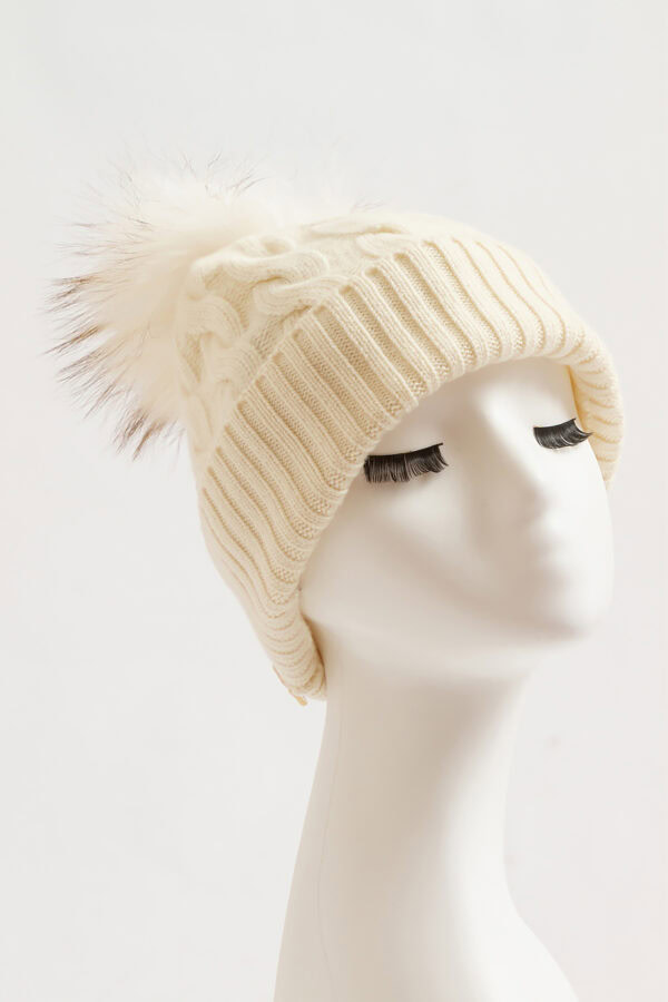 White Cable Knit Cashmere Hat with Pom Pom Elegant Winter Warmth 4