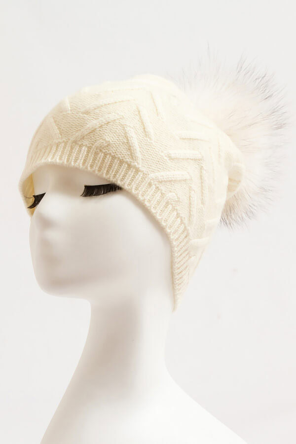 White Cashmere Pom Pom Hat with Textured Knitted Design Cozy Winter Accessory 4