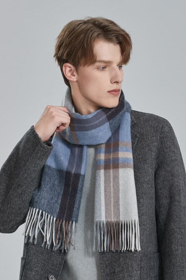 Blue Brown Mens Plaid Cashmere Scarf Versatile Stylish Cold Weather Gear 2
