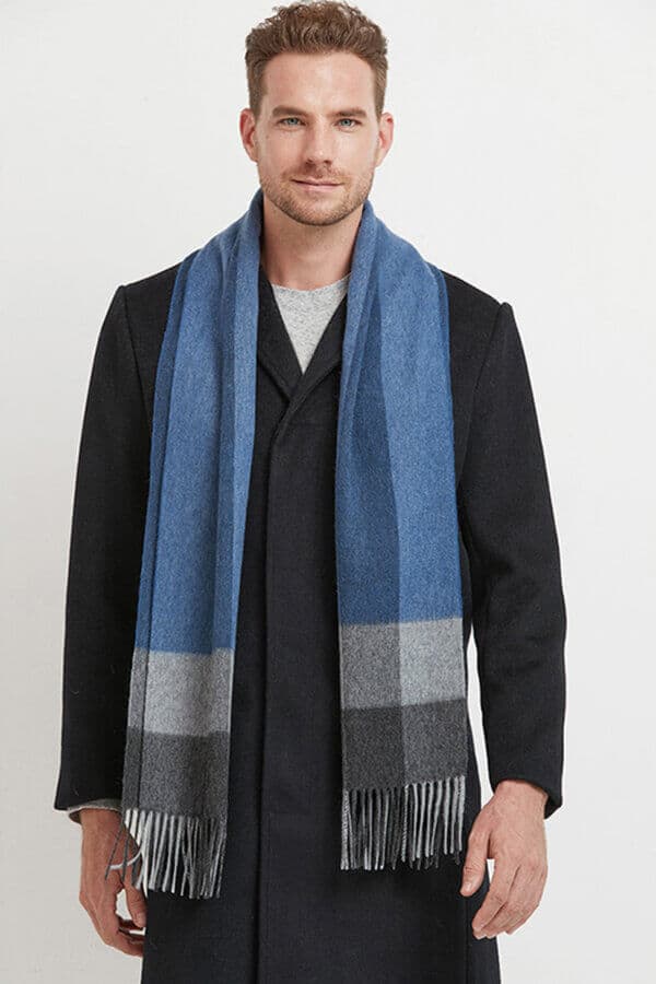 Blue Gray Mens Plaid Cashmere Scarf Elegant Soft for Cold Weather
