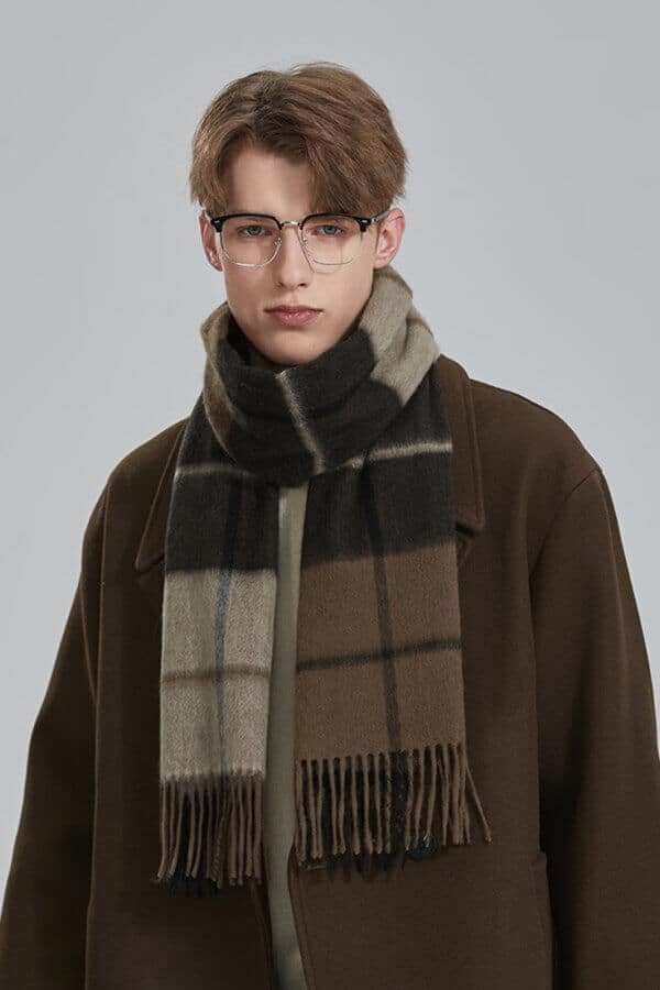 Brown Mens Plaid Cashmere Scarf Classic Cozy Wardrobe Essential 1