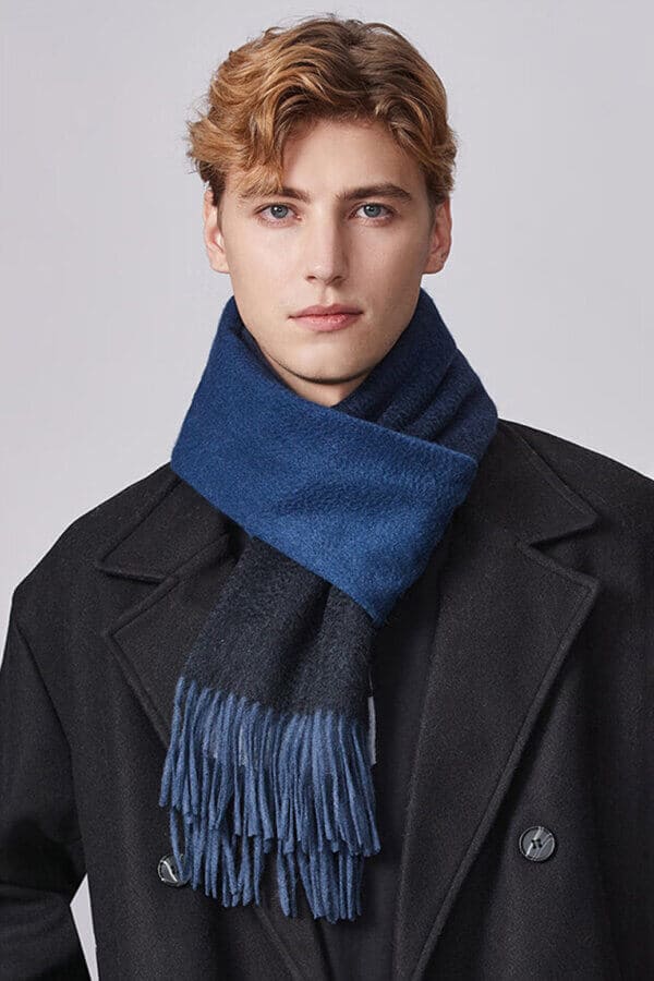 Gemstone Blue Dark Gray Mens Gradient Cashmere Scarf Elegant Stylish Winter Essential