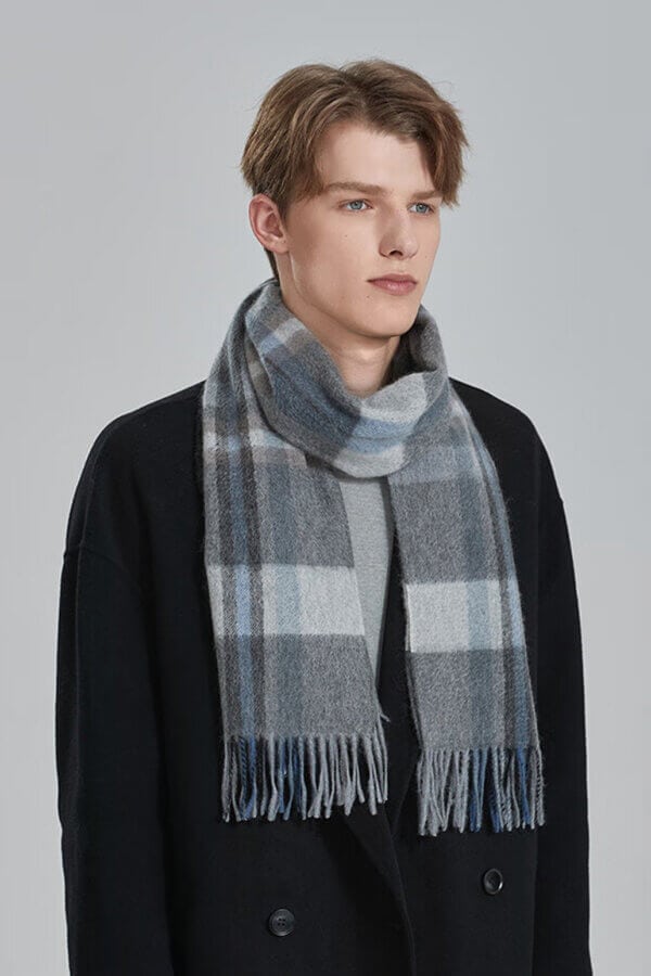 Gray Blue Mens Plaid Cashmere Scarf Sleek Design Superior Warmth