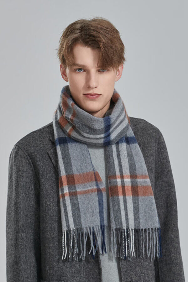 Gray Orange Mens Plaid Cashmere Scarf Trendy Warm for Any Occasion 1