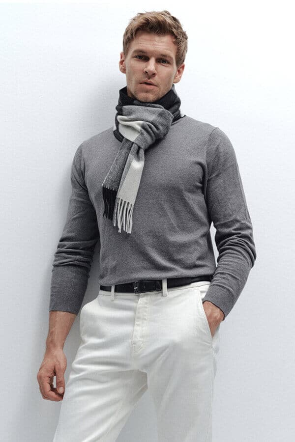Gray White Mens Plaid Cashmere Scarf Timeless Style Ultimate Comfort 2