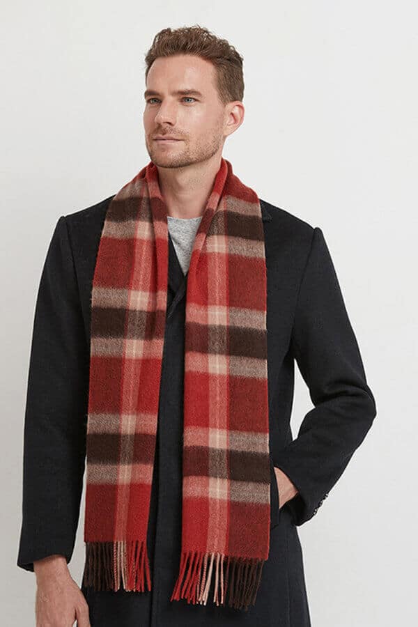 Red Brown Mens Plaid Cashmere Scarf Luxurious Warm Winter Accessory 1